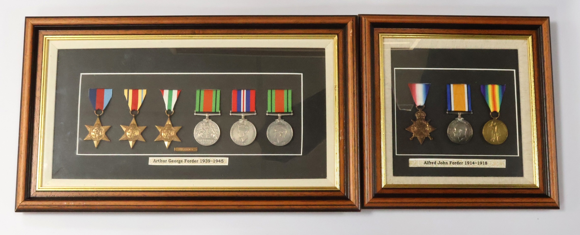 Glazed and framed groups - 1915 Star Trio (17781 Pte A J Forder ...