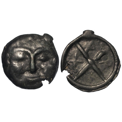 288 - Ancient Greek: Skythia, Olbia case AE29 c.437-410 BC. Facing head of gorgoneion. / Wheel with 4 spok... 