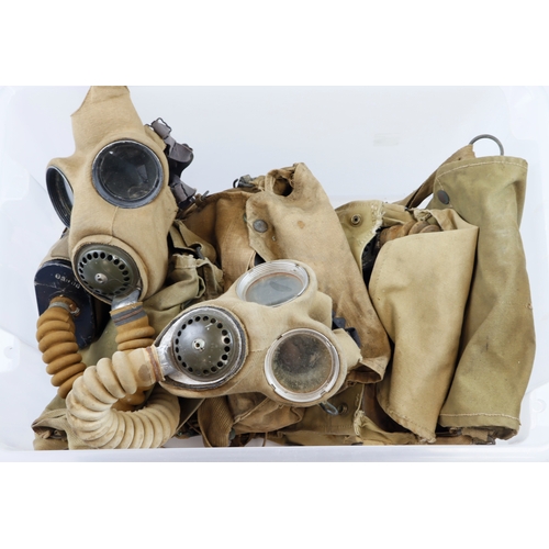 931 - WW2 British army gas masks and bags crate full including scarce example with straps to the filter no... 