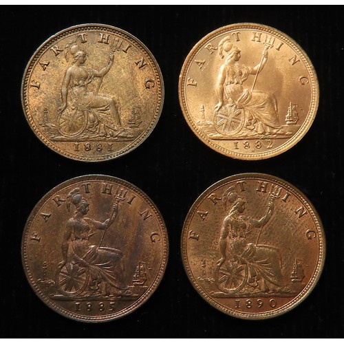 86 - Farthings (4) QV 'bun head' bronze: 1881 EF; 1882H EF/GEF with lustre; 1885 GEF, and 1890 EF-GEF.