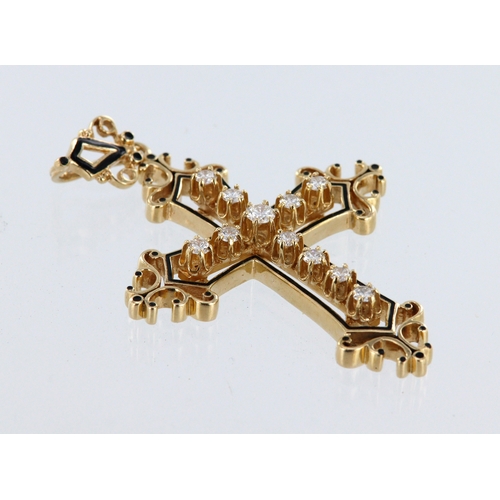 242 - Yellow metal (stamped 14ct) diamond set fancy cross pendant with black enamel detailing, eleven roun... 