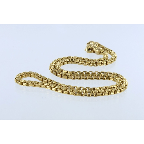 247 - Yellow metal (stamped 18ct) chain necklace, double square belcher link with trigger clasp, length 40... 