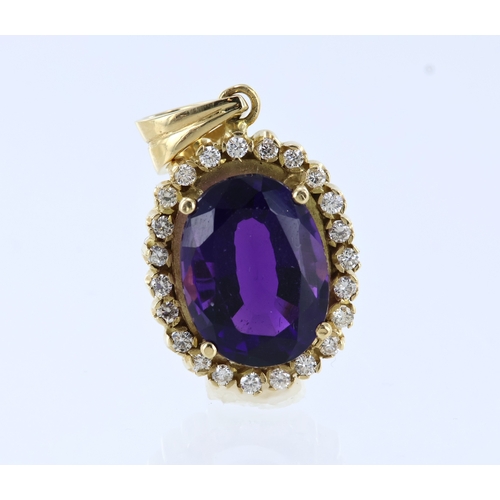 251 - Yellow metal (stamped 18ct) amethyst and diamond pendant, centre oval 16mm x 12mm amethyst, twenty t... 