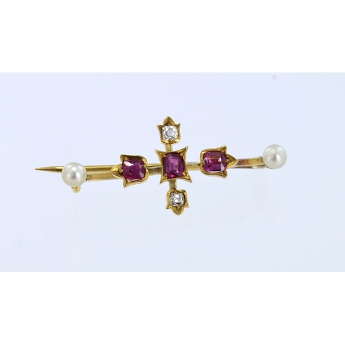 258 - Yellow metal (tests approx. 15ct) ruby diamond and pearl brooch, three cushion shaped rubies approx.... 