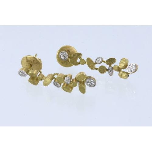 269 - 18ct textured finish yellow gold drop earrings with post and butterfly fittings, each earring with f... 