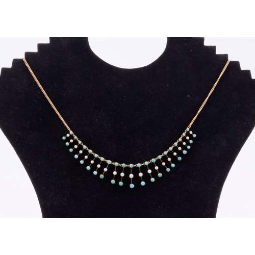 272 - Yellow metal (tests 15ct) turquoise and seed pearl graduated fringe necklace on later 9ct yellow gol... 