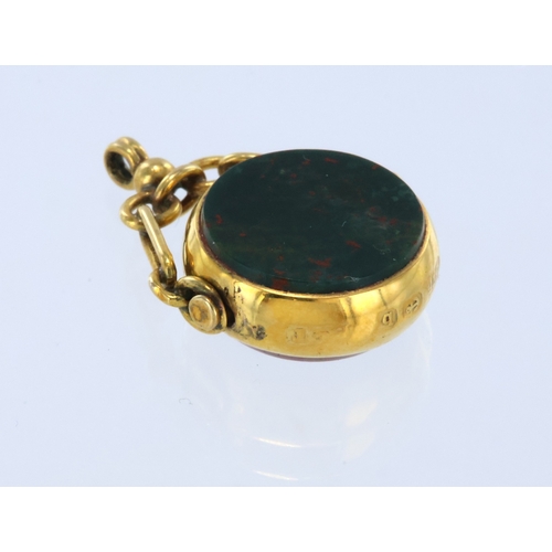 273 - 9ct yellow gold fob, double sided swivel 15mm diameter round, one side bloodstone and the other side... 