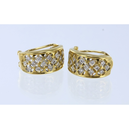 275 - Yellow metal (stamped 18ct) diamond set clip on earrings, half hoop 20mm wide lattice design earring... 