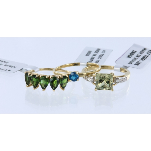 299 - Three new yellow metal (all stamped 10ct) assorted semi precious gemstone and paste set rings, finge... 