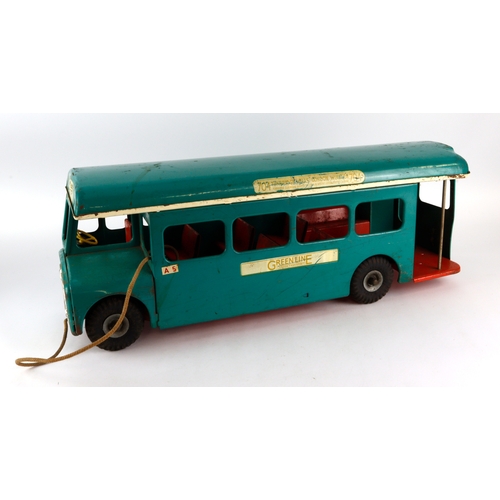 248 - Triang large green press steel pull along London bus, with operating bell, number plate reads 'LIB 4... 
