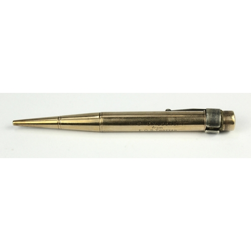282 - 9ct Gold Bakers Pointer pencil, stamped '9ct', makers name and personalised inscription engraved to ... 