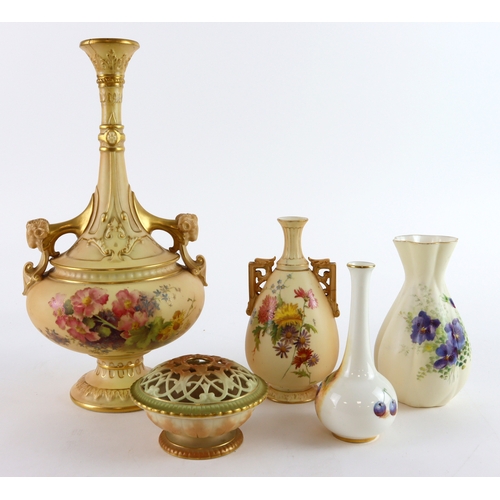 64 - Four pieces of Royal Worcester porcelain, along with a Royal China Works Worcester Vase no G435, the... 