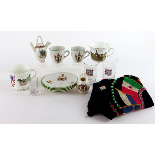 82 - Military china, glass, etc., comprising two Flags of the Nations glasses, two crested pieces & an em... 