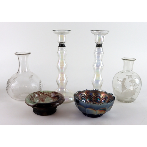 91 - Mixed lot of Glass (6) comprising two candle sticks, a carafe with Holyrood Palace etched on it, a M... 