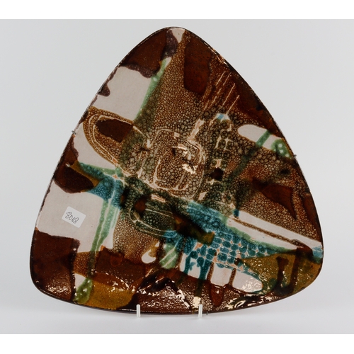 95 - Modern Art type enamelled  pottery wall plaque, has two illegible marks on the back, very unusual, m... 