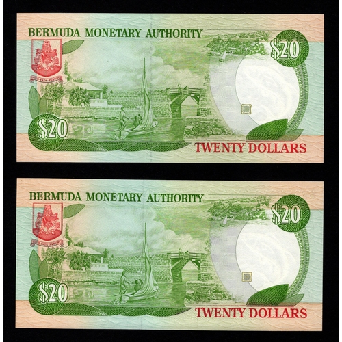 477 - Bermuda 20 Dollars (2) dated 20th February 1989, serial B/2 291469 & B/2 917537 (BNB B211a, Pick37b)... 