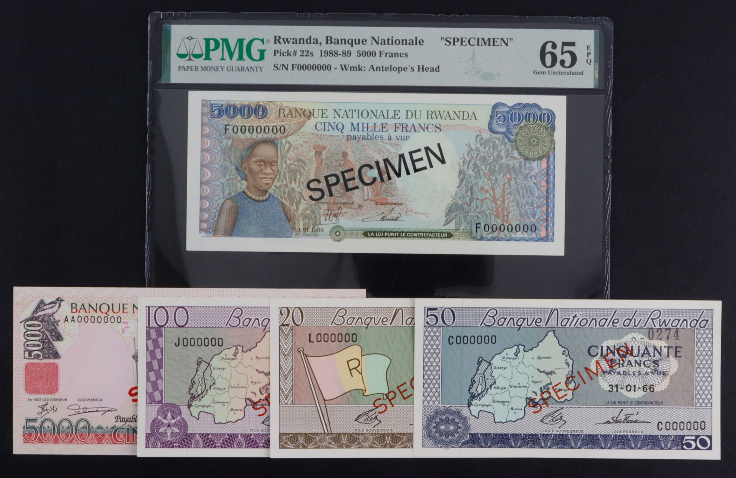Rwanda (5), a group of SPECIMEN notes, 5000 Francs dated 1988, serial ...