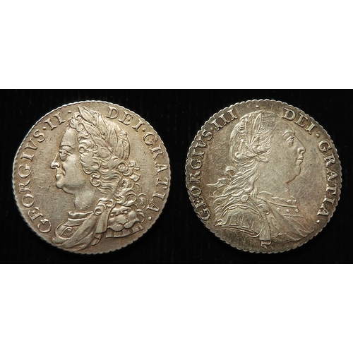 210 - Shillings (2): 1758 GVF, and 1787 no hearts, EF light hairlines.