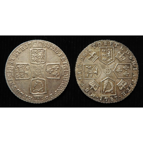 210 - Shillings (2): 1758 GVF, and 1787 no hearts, EF light hairlines.