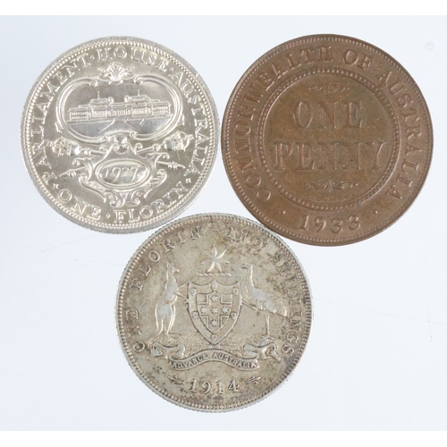 235 - Australia (3) Florins 1914 nVF, 1927 GEF & Penny 1933 GEF with a trace of lustre.