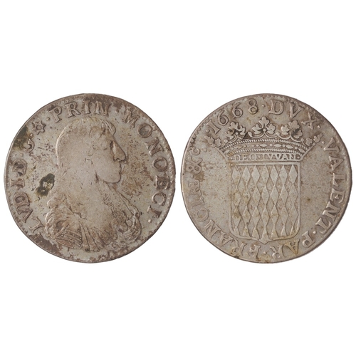 263 - Monaco silver Écu de 3 Livres (60 Sols) 1668, 26.34g, VG, patchy tone. Very rare.