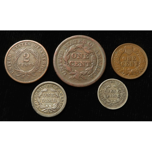 618 - USA (5): Dime 1845 EF; Half Dime 1838 VF a few marks; copper 2-Cents 1864 VG/F; Large Cent 1856 Good... 
