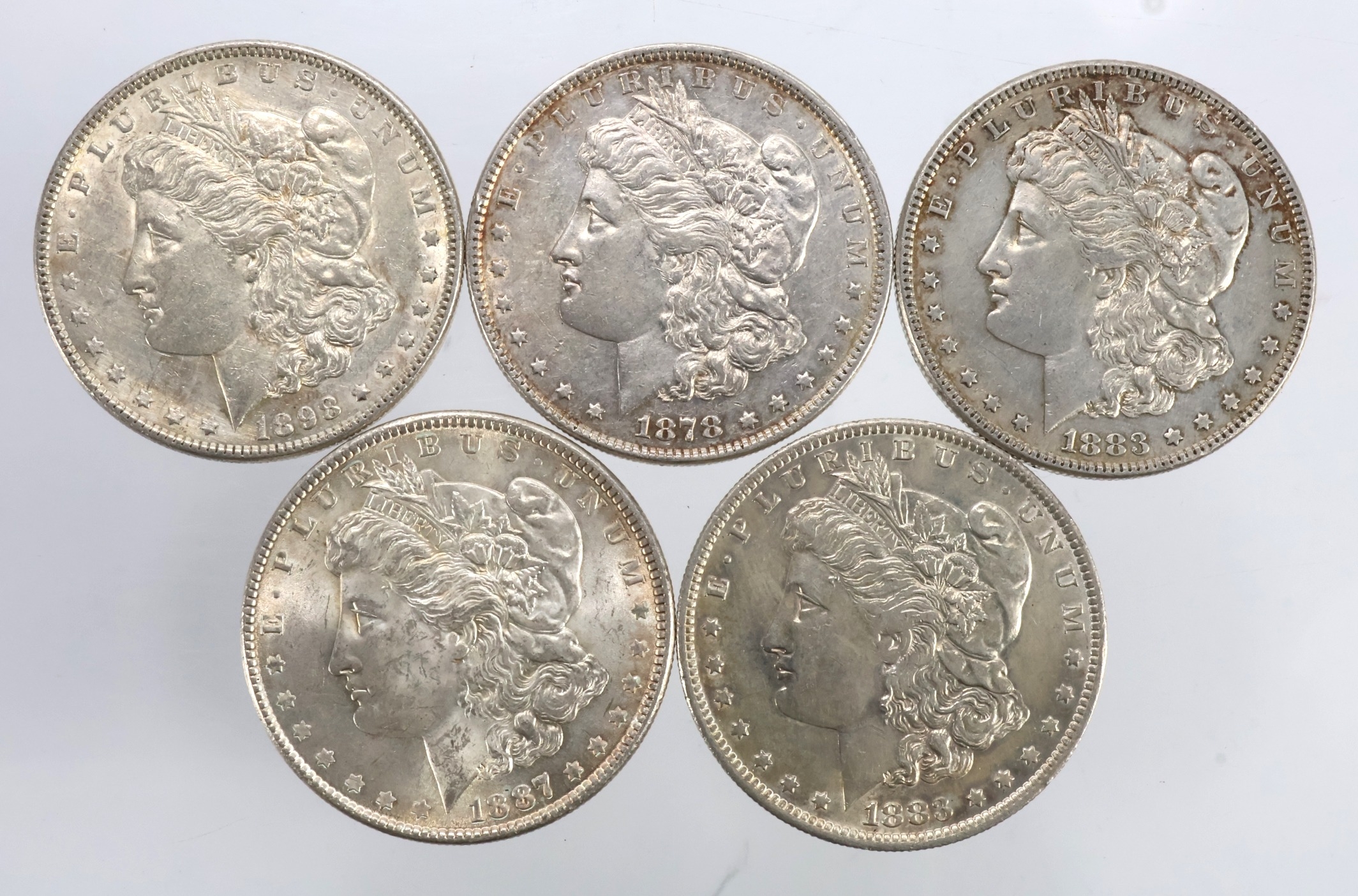 USA Morgan Silver Dollars (5): 1878 aEF, 1883 nEF, 1883O EF, 1887 UNC ...
