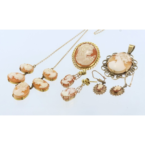 408 - 9ct yellow gold assorted shell cameo jewellery, necklace with five graduated cameos, length42cm, wei... 
