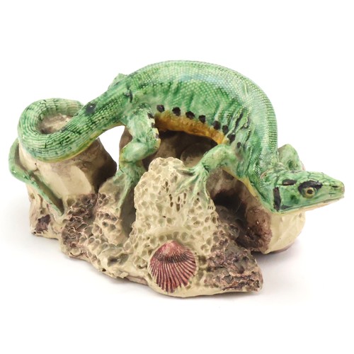 857 - Joseph Landais Majolica Palissy Lizard on a rock decorated with seashells. Circa 1860. JL initials i... 