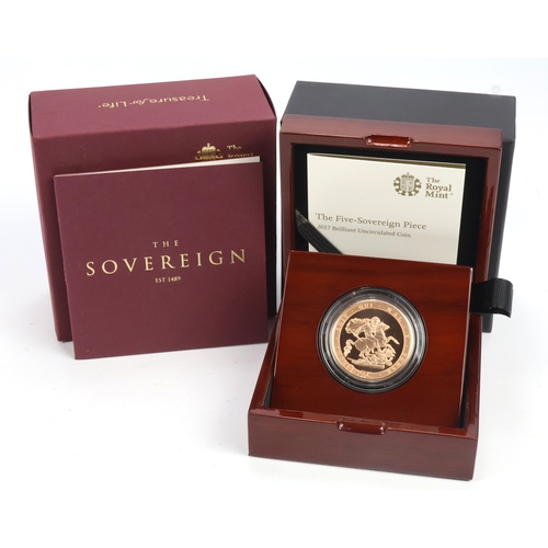 10 - Five Sovereigns 2017 gold BU issue, boxed.