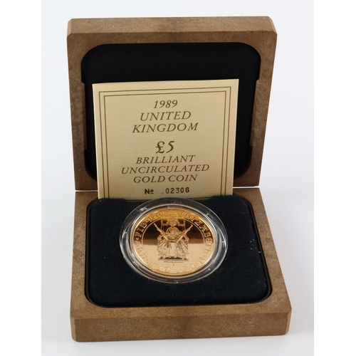 4 - Five Pounds 1989, 500th Anniversary of the Sovereign BU issue, cased with cert.