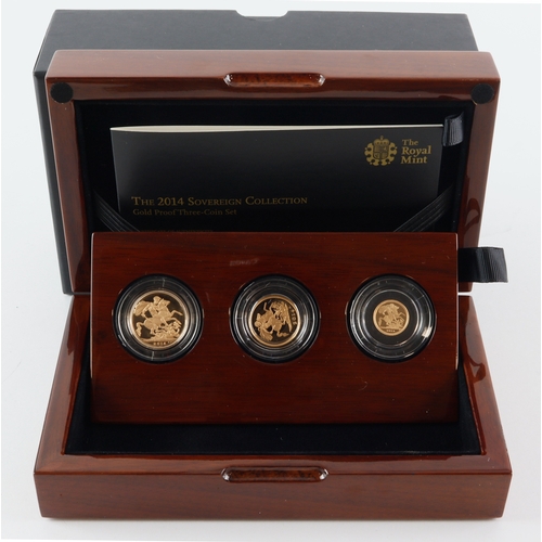 57 - Three coin set 2014 (Sovereign, Half Sovereign & Quarter Sovereign) Proof FDC boxed as issued