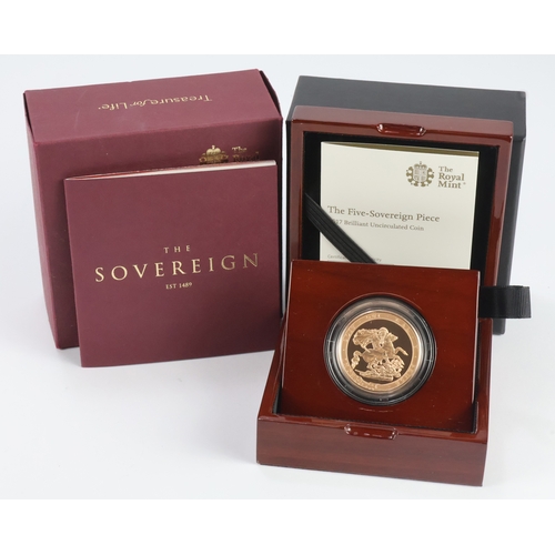 8 - Five Pounds 2017 'The Five-Sovereign Piece' Pistrucci design, BU issue, cased with certs, box and pa... 