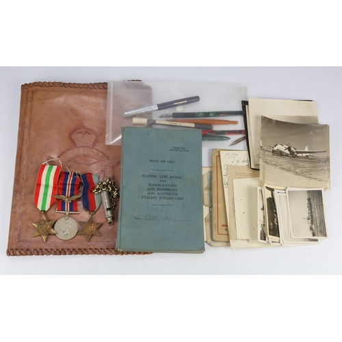323 - Group – A WW2 Campaign medal trio with original Flying Log Book and associated original photographs ... 