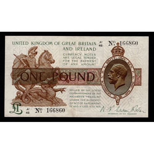 19 - Warren Fisher 1 Pound (T31) issued 1923, FIRST SERIES, serial A1/48 166860 (T31, Pick359a) 4 pinhole... 