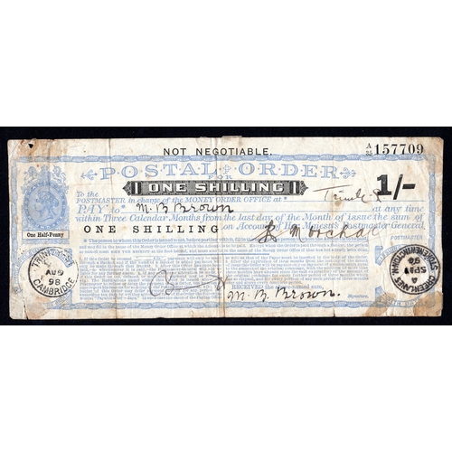 3 - Postal Order 1 Shilling, Queen Victoria, 1892 issue, date stamp Green Lanes, Stoke Newington 1894, e... 