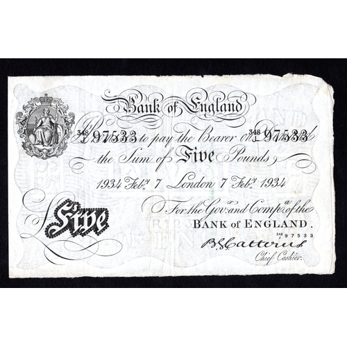 43 - Catterns 5 Pounds (B228) dated 7th February 1934, serial 348/J 97533, London issue (B228, Pick328a) ... 