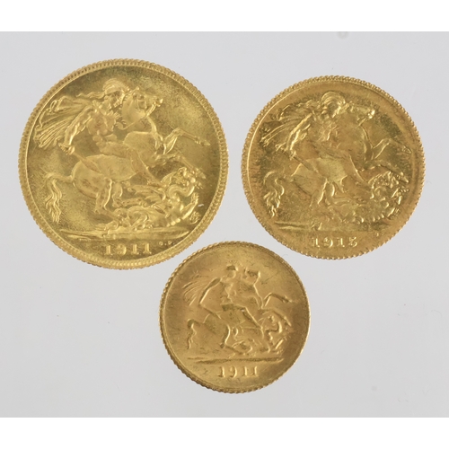 1 - Copies in gold (3) XRF tested: Sovereign 1911 (7.95g, 21ct) EF; Half Sovereign 1915 (3.95g, 20ct) EF... 