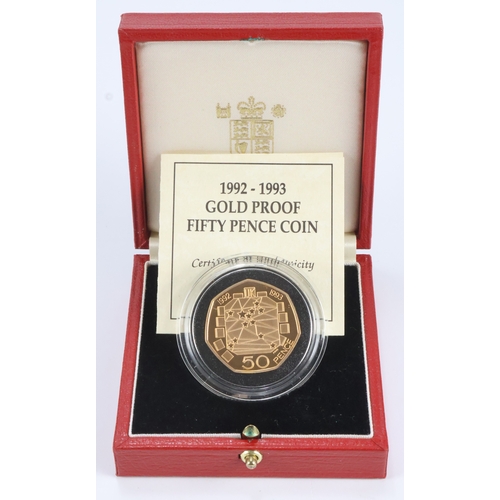 2 - Fifty Pence 1992-1993 gold proof, EU Presidency issue, aFDC cased with cert. (26.32g 22ct)