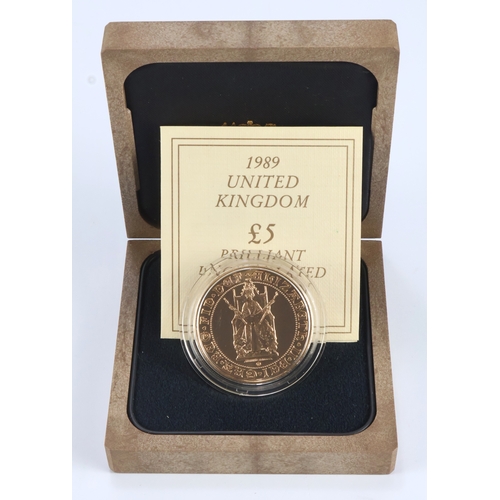 5 - Five Pounds 1989, 500th Anniversary of the Sovereign BU issue, cased with cert.