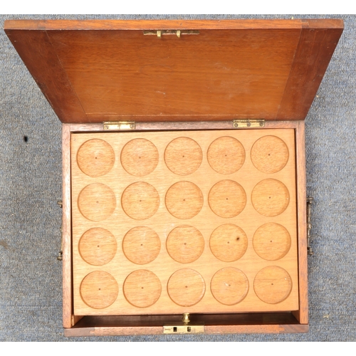 726 - Coin Cabinet: 9-tray mahogany cabinet, 30.2cm x 26.3cm x 13.8cm, varying spaces, no felts, missing k... 