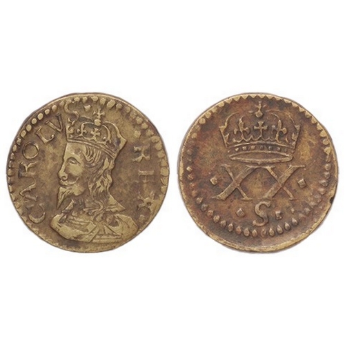 731 - Coin Weight: Brass portrait weight for a Charles I Unite of 20-Shillings, VF-GVF.