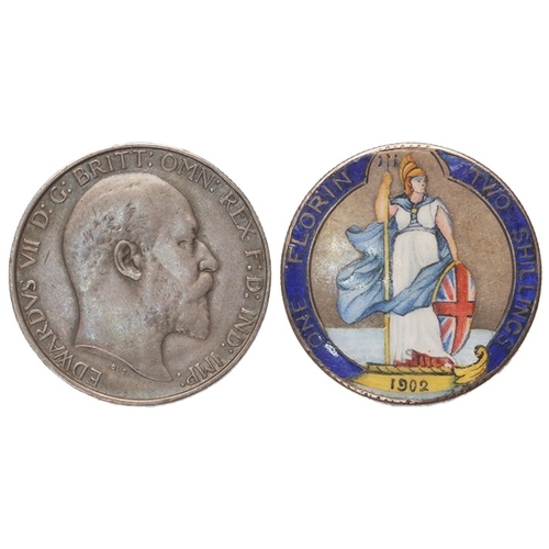735 - Enamelled Coin: GB, Edward VII Florin 1902 with a finely enamelled reverse.