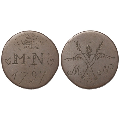 737 - Engraved Coin: Likely an English copper Halfpenny smoothed and engraved with: Beehive over M.N betwe... 