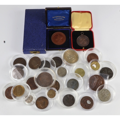 745 - GB & World tokens, medallions, copies, a few coins etc (27) 18th-20thC. Noted nice grade 18thC coppe... 