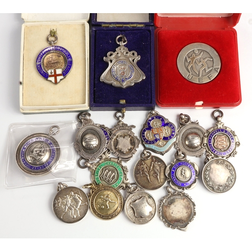 757 - Sports Fobs & Medals (18) mostly football, all silver, most hallmarked or 'sterling' marked; one UEF... 