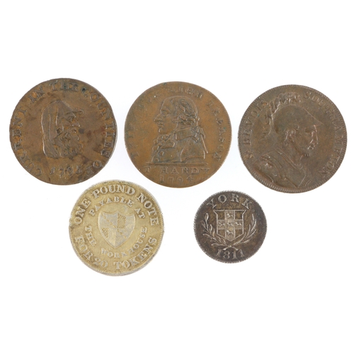 763 - Tokens, 18th-19thC (5): Cambridgeshire Druid head / beehive Halfpenny 1795 VF-GVF; Southampton Sr. B... 