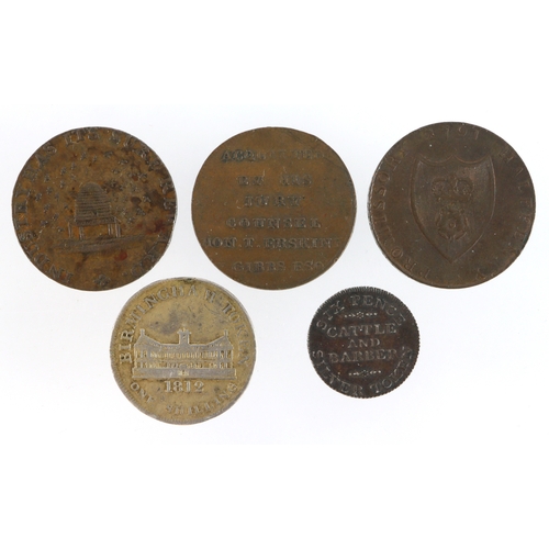 763 - Tokens, 18th-19thC (5): Cambridgeshire Druid head / beehive Halfpenny 1795 VF-GVF; Southampton Sr. B... 