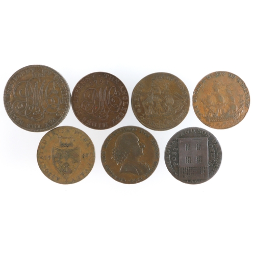 764 - Tokens, 18thC (7) including a Druid head Penny 1788 VF; Druid head Halfpenny 1791 GVF, Leith Halfpen... 