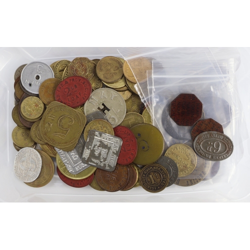 765 - Tokens, checks, medalets etc (87) 19th-20thC, many brass, including five pub checks; a Cornwall 32nd... 
